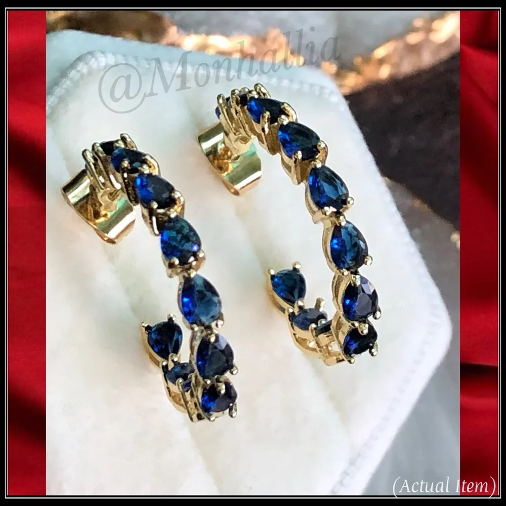 14k Gold & Marquise Blue Sapphire Huggie Earrings